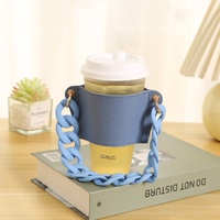 2 Pcs Blue Detachable Chain Coffee Cup Sleeve - PU Leather Insulated Cup Holder with Handle, 16cm Top, 70g(Cup not included, only cup sleeve and chain