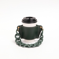 2 Pcs Dark Green Detachable Chain Coffee Cup Sleeve - PU Leather Insulated Cup Holder with Handle, 16cm Top, 70g(Cup not included, only cup sleeve and