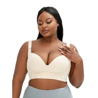 34/75F Beige Plus-Size Seamless Underwire Bra - Lift &amp; Support Deep V Sports Back Design