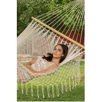 Mayan Legacy Queen Size Outdoor Cotton Mexican Resort Hammock With Fringe in Cream Colour