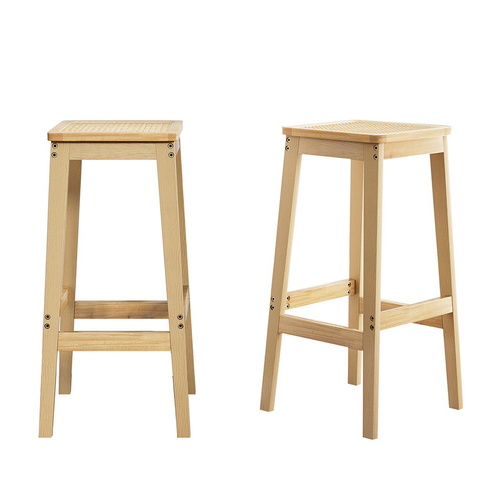 Artiss 2x Bar Stools Rubber Wood Stool Counter Chair Rattan Barstools Kitchen - Main Image