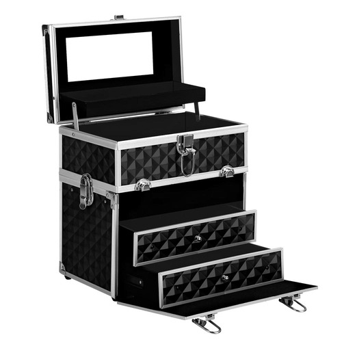 Embellir Portable Cosmetic Beauty Makeup Carry Case with Mirror - Diamond Black - Main Image