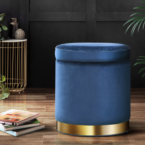 Artiss Ottoman Storage Foot Stool Round Velvet Navy - Main Image