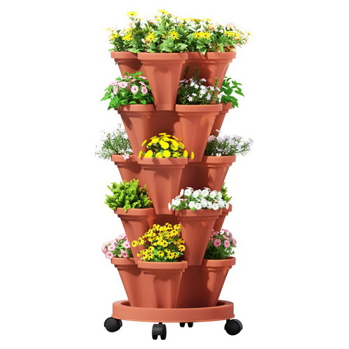 Green Fingers Raised Garden Bed 5 Tier Vertical Garden Brick Red Strawberry Stackable Planters Herbs Petunias - Main Image