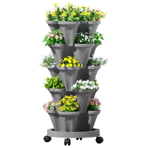 Green Fingers Raised Garden Bed 5 Tier Vertical Garden Grey Strawberry Stackable Planters Herbs Petunias - Main Image