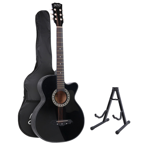 Alpha 38 Inch Acoustic Guitar Wooden Body Steel String Full Size w/ Stand Black - Main Image