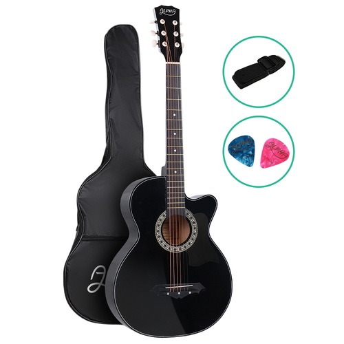 Alpha 38 Inch Acoustic Guitar Wooden Body Steel String Full Size Cutaway Black - Main Image