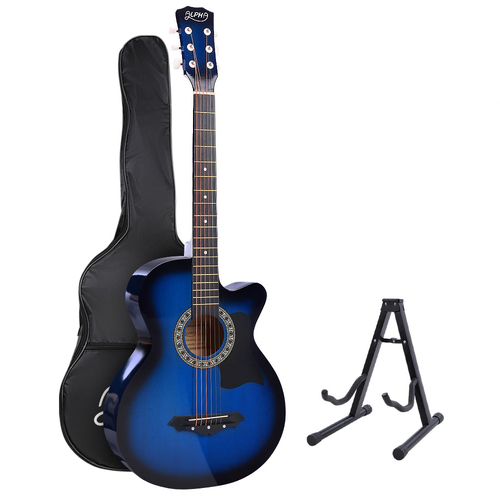 Alpha 38 Inch Acoustic Guitar Wooden Body Steel String Full Size w/ Stand Blue - Main Image