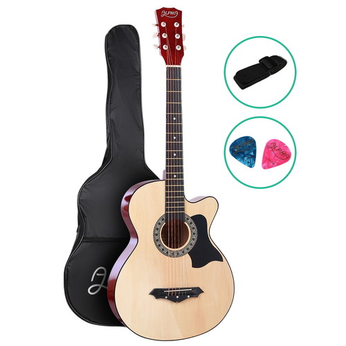 Alpha 38 Inch Acoustic Guitar Wooden Body Steel String Full Size Cutaway Wood - Main Image