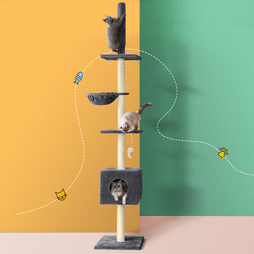 i.Pet Cat Tree 260cm Tower Scratching Post Scratcher Floor to Ceiling Cats Bed Dark Grey - Main Image
