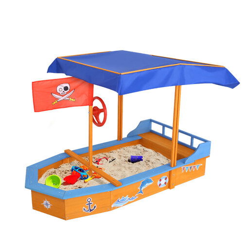 Keezi Kids Sandpit Wooden Boat Sand Pit with Canopy Bench Seat Beach Toys 150cm - Main Image
