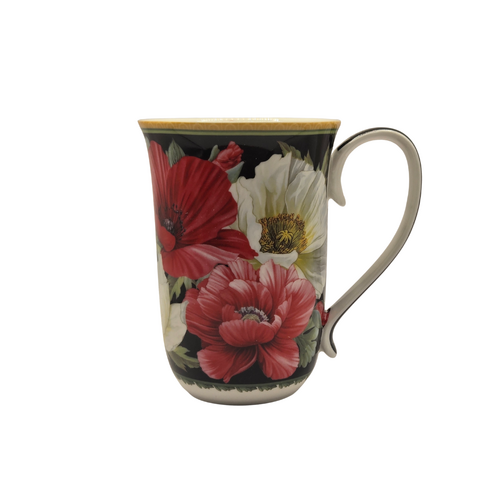 Elegant Poppies Fine Bone China Mug - 405ml Black Floral Teacup - Main Image