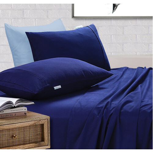 Elan Linen 100% Egyptian Cotton Vintage Washed 500TC Navy Blue King Single Bed Sheets Set - Main Image
