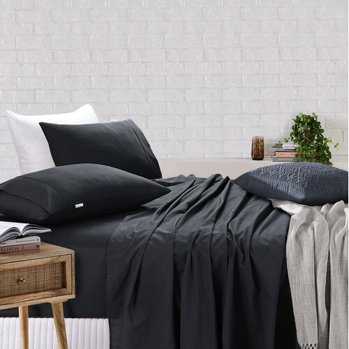 Elan Linen 100% Egyptian Cotton Vintage Washed 500TC Charcoal 50 cm Deep Mega Queen SIze Bed Sheets Set - Main Image