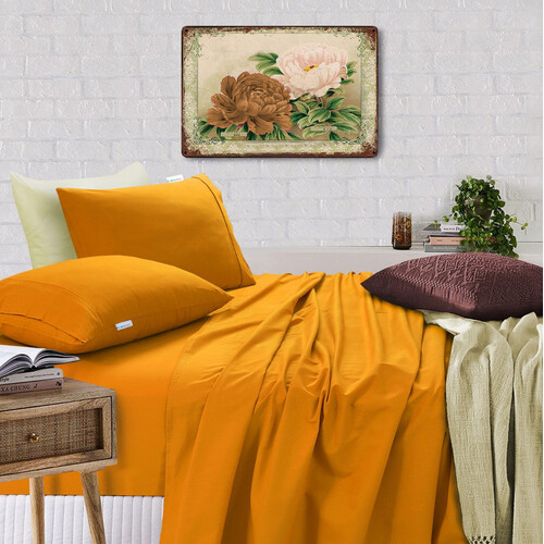 Elan Linen 100% Egyptian Cotton Vintage Washed 500TC Mustard Single Bed Sheets Set - Main Image