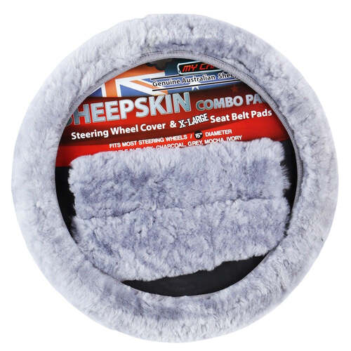 Sheepskin Steering Wheel Cover & Seat Belt Pads Combo Luxury - Grey - Main Image