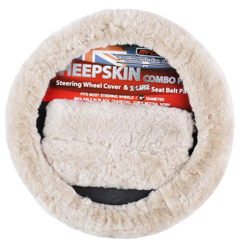 Sheepskin Steering Wheel Cover & Seat Belt Pads Combo Luxury - Mocha - Main Image