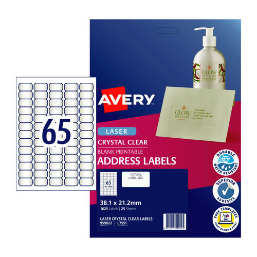 AVERY Laser Label Clear L7551 65Up Pack of 25 - Main Image