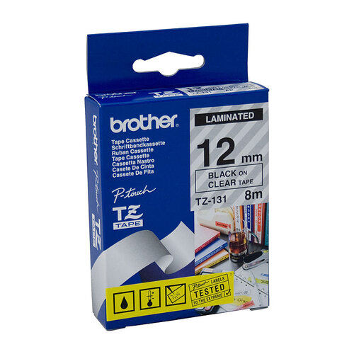 BROTHER TZe131 Labelling Tape 12mm Black on Clear TZE Tape - Main Image