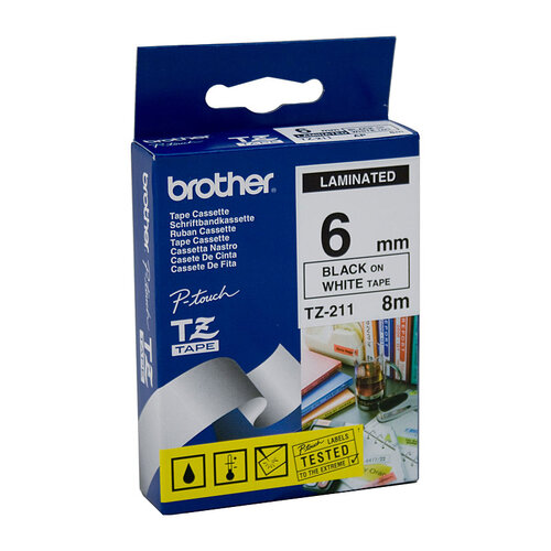 BROTHER TZe211 Labelling Tape 6mm Black on White TZE Tape - Main Image