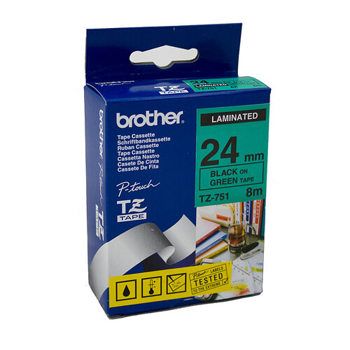 BROTHER TZe751 Labelling Tape 24mm Black on Green TZE Tape - Main Image