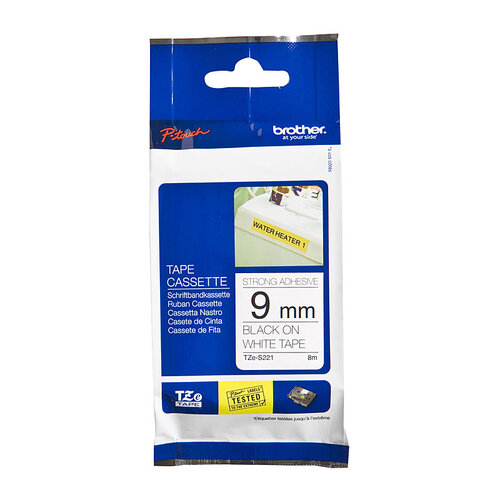 BROTHER TZeS221 Labelling Tape 9mm Black on White Adhesive TZE Tape - Main Image