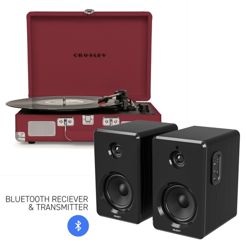 CROSLEY Crosley Cruiser Bluetooth Portable Turntable - Burgundy + Bundled Majority D40 Bluetooth Speakers - Black - Main Image