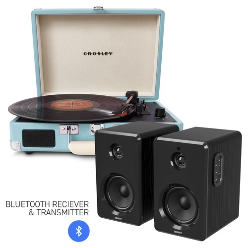 CROSLEY Crosley Cruiser Bluetooth Portable Turntable - Turquoise + Bundled Majority D40 Bluetooth Speakers - Black - Main Image
