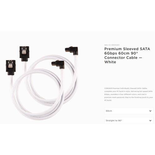 CORSAIR Premium Sleeved SATA 6Gbps 60cm 90?? Connector Cable ÔÇö White - Main Image
