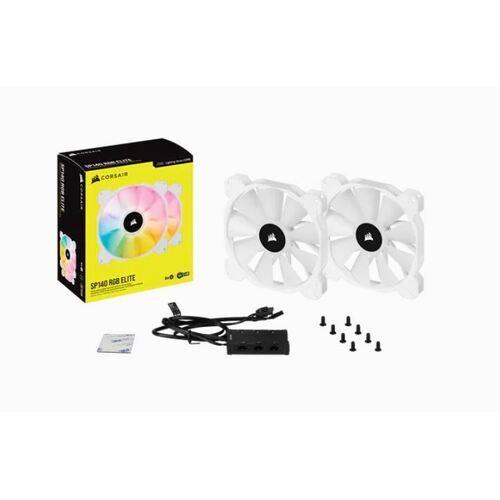 CORSAIR White SP140 RGB ELITE, 140mm RGB LED Fan with AirGuide, 68 CFM, Dual Pack with Lighting Node CORE - Main Image