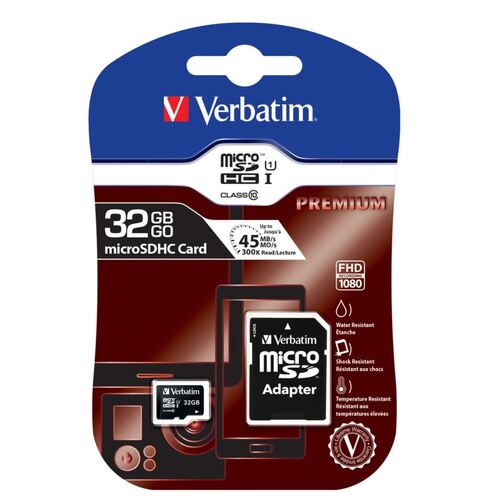 VERBATIM 32GB MicroSD SDHC SDXC Class10 UHS-I Memory Card 45MB/s Read 10MB/s Write 300X Read Speed with standard SD adaptor - Main Image