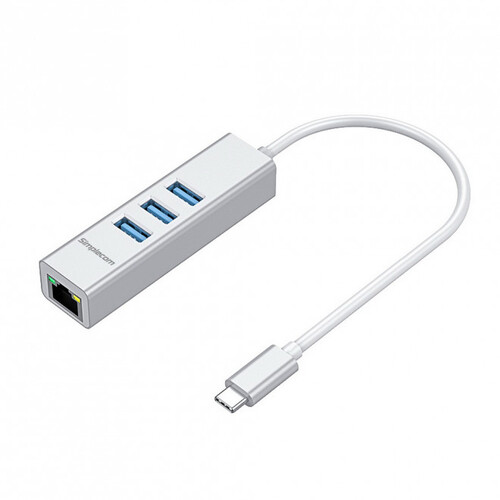 SIMPLECOM CHN421 Silver Aluminium USB-C to 3 Port USB HUB with Gigabit Ethernet Adapter - CBAT-USBCLAN - Main Image