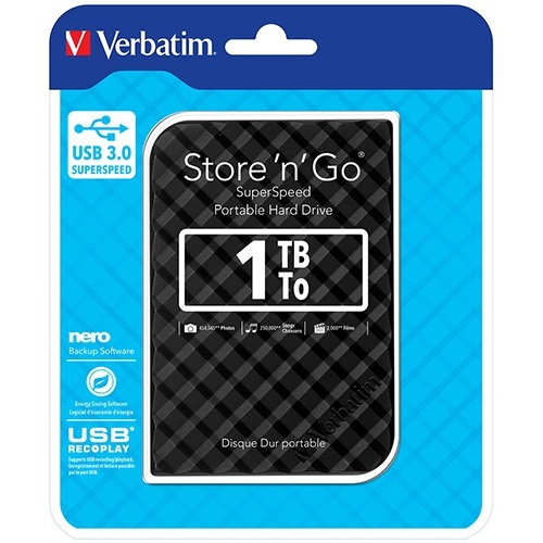 VERBATIM 1TB 2.5\' USB 3.0 Black Store\'n\'Go HDD Grid Design - Main Image