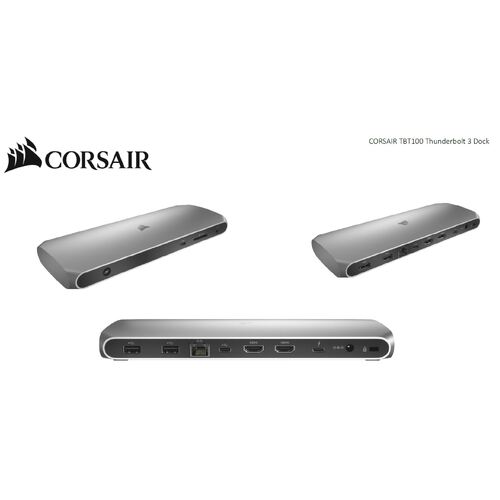 CORSAIR TBT100 Thunderbolt 3 Dock, TB, 2x USB-C 3.2, 2x USB-A 3.1, 2x HDMI 4K 60Hz, 3.5mm Audio, GB Ethernet, SD UHS-II Slim Aluminum Dock. MAC MS - Main Image