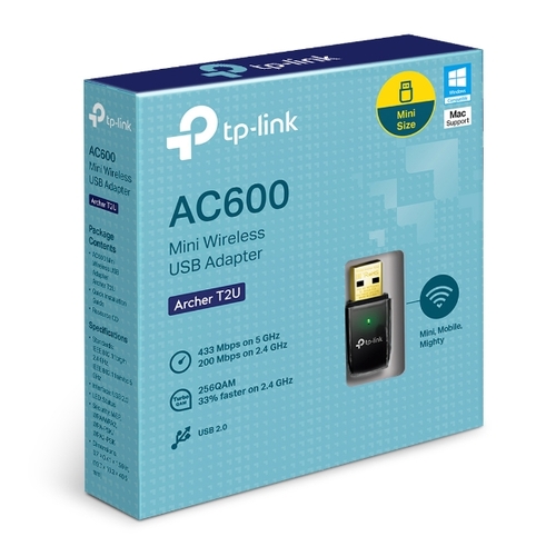 TP-Link Archer T2U AC600 Wireless Dual Band USB Adapter 2.4GHz (150Mbps) 5GHz (433Mbps) 1xUSB2 802.11ac 1x Omni Directional Antenna WPS button - Main Image