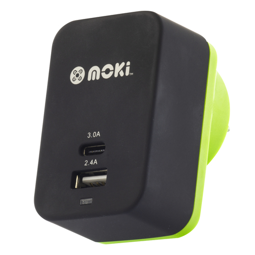 MOKI Wall Charger + (Type-C + USB) 3.0 RapidCharge - Black - Main Image