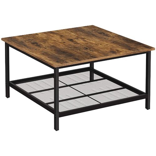Robust Coffee Table Steel Frame and Mesh Storage Shelf,  Rustic Brown and Black - Main Image