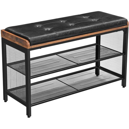 Shoe Bench with Mesh Shelf and Faux Leather Vintage Brown Black 80 x 30 x 48 cm - Main Image