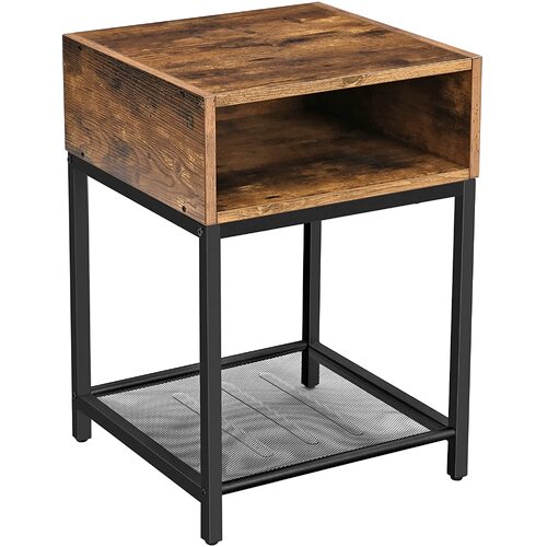 Side Table with Open Compartment and Mesh Shelf Rustic Brown and Black - Main Image