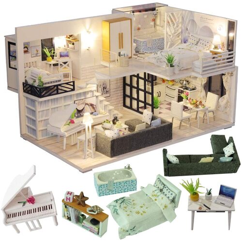 Dollhouse Miniature with Furniture Kit Plus Dust Proof and Music Movement - Happy time (1:24 Scale Creative Room Idea) - Main Image