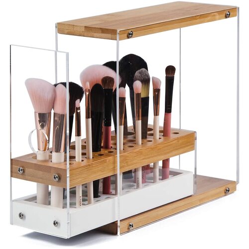 31 Holes Acrylic Bamboo Brush Holder Organiser Beauty Cosmetic Display Stand with Leather Drawer White (22.3 x 8.6 x 21.5 cm) - Main Image