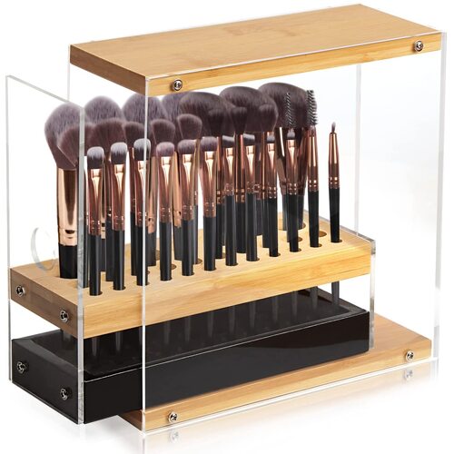 31 Holes Acrylic Bamboo Brush Holder Organiser Beauty Cosmetic Display Stand with Leather Drawer Black (22.3 x 8.6 x 21.5 cm) - Main Image
