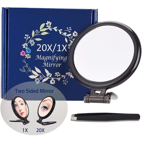20X Magnifying Hand Mirror Two Sided Use for Makeup Application, Tweezing, and Blackhead/Blemish Removal (10 cm Black) - Main Image