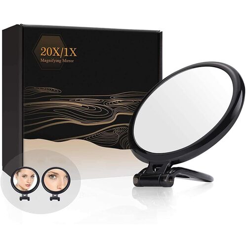 20X Magnifying Hand Mirror Two Sided Use for Makeup Application, Tweezing, and Blackhead/Blemish Removal (12.5 cm Black) - Main Image