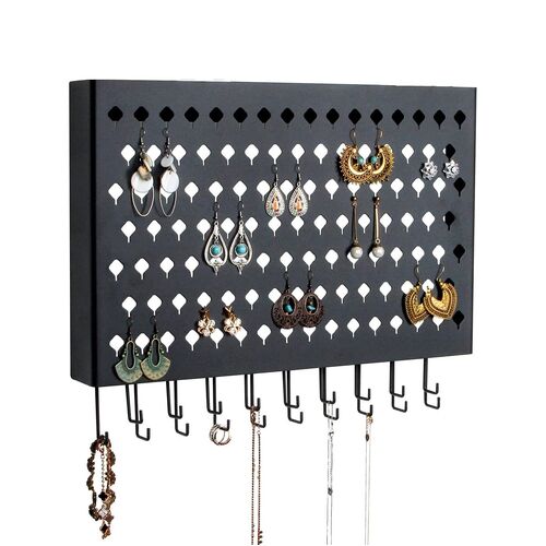 Wall Mount Earring Jewelry Hanger Organizer Holder with 109 Holes and 19 Hooks (Black) - Main Image