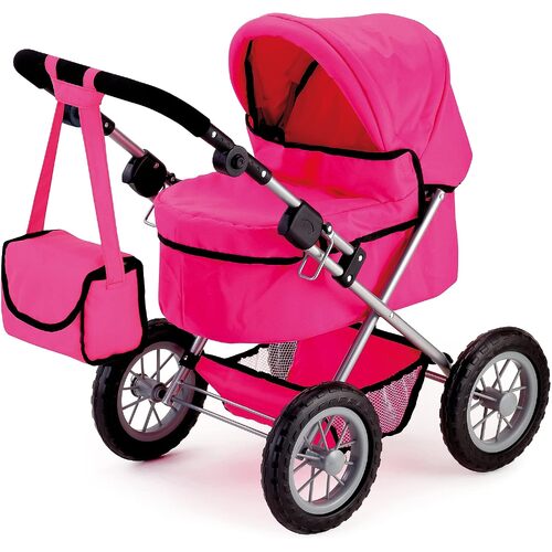 Foldable Dolls Pram with Height-Adjustable Handle and Shoulder Bag, Stable, Pink - Main Image