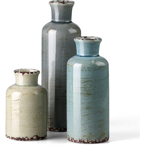 Ceramic Vases Set of 3 Crackled Finish Blue Farmhouse for Home D�cor - Main Image