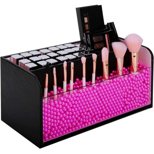 Leather Makeup Brush Cosmetic Organiser Storage Box with Pink Pearls, Acrylic Cover and 3 Compartments(Black) - Main Image
