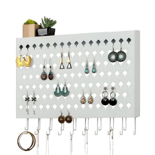 Wall Mount Earring Jewelry Hanger Organizer Holder with 109 Holes and 19 Hooks (White) - Main Image