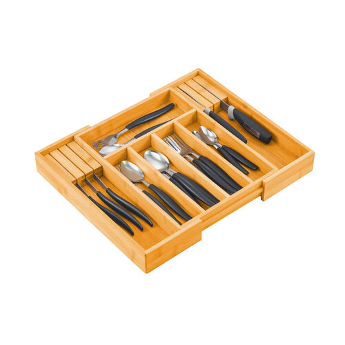 Large Capacity Bamboo Expandable Drawer Organizer with Knife Block Holder for Home Kitchen Utensils - Main Image